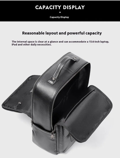 Men's large capacity leather computer backpack with curved back plate in black grain finish