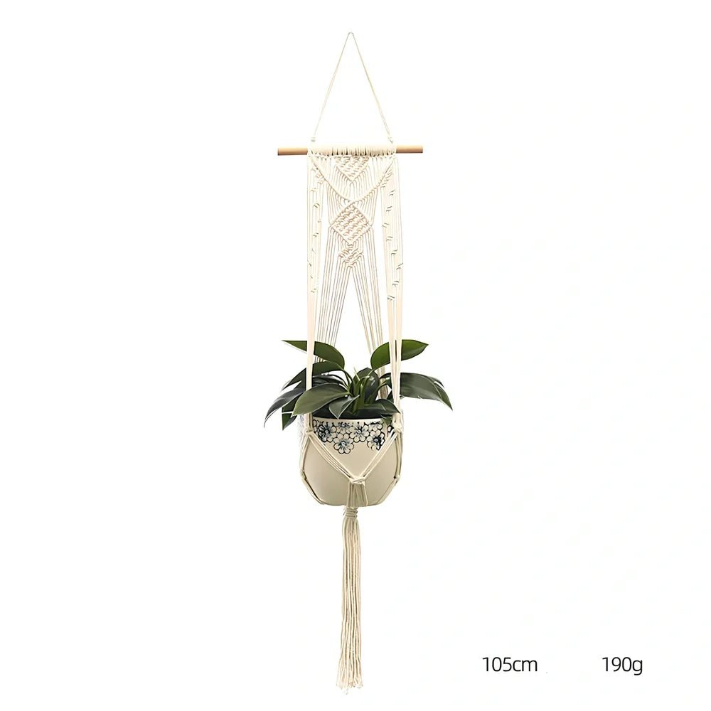 Hand-knitted cotton flowerpot net bag showing intricate pattern and hanging installation with plant