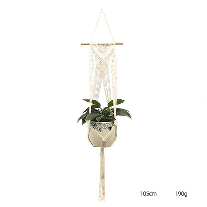 Hand-knitted cotton flowerpot net bag showing intricate pattern and hanging installation with plant
