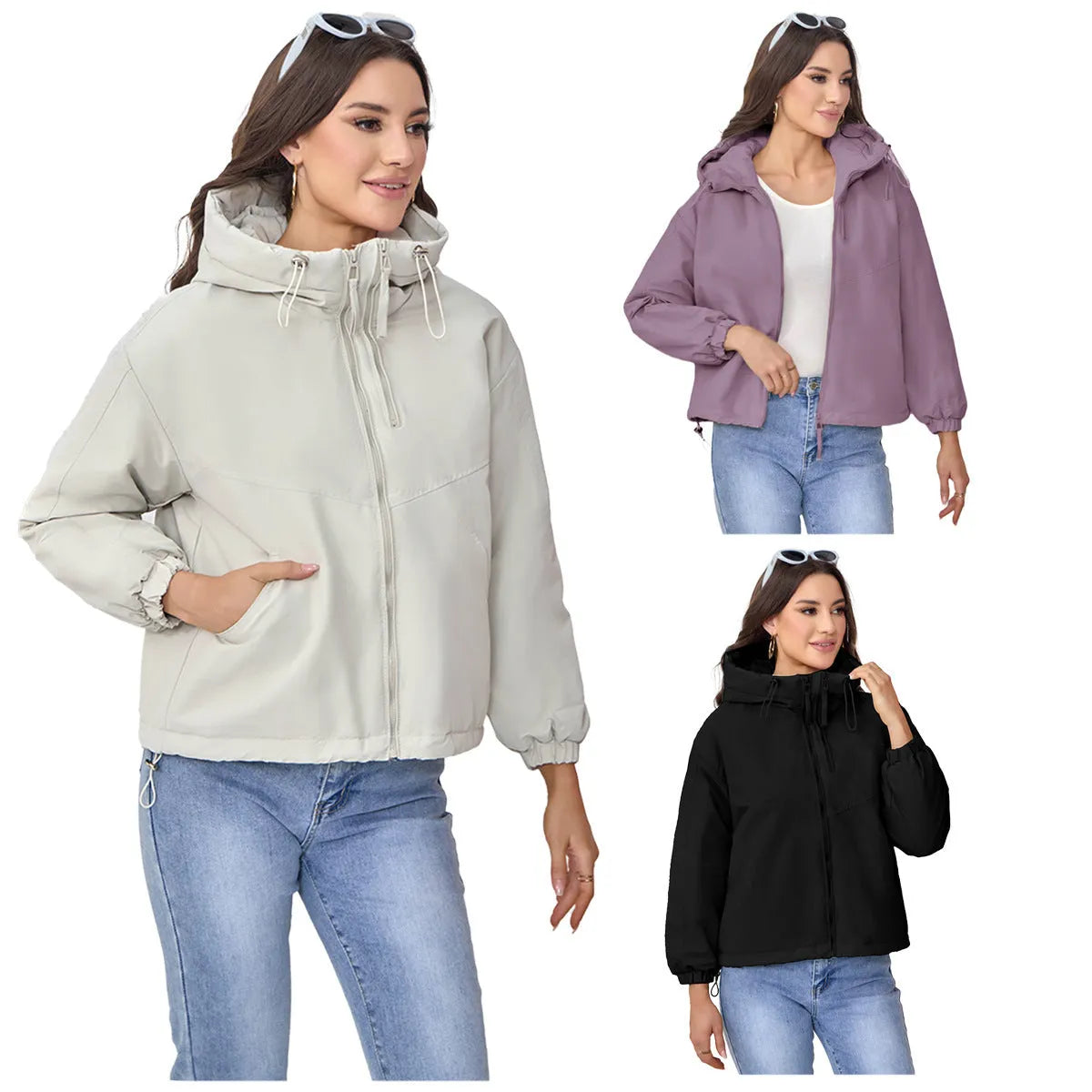 Women's loose-fit hooded shell jacket in black, grey, or purple.