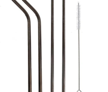Colourful reusable stainless steel drinking straws with cleaning brush, perfect for eco-friendly sipping.