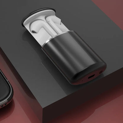 Black wireless neck-mounted sports headphones with magnetic earpieces and charging case