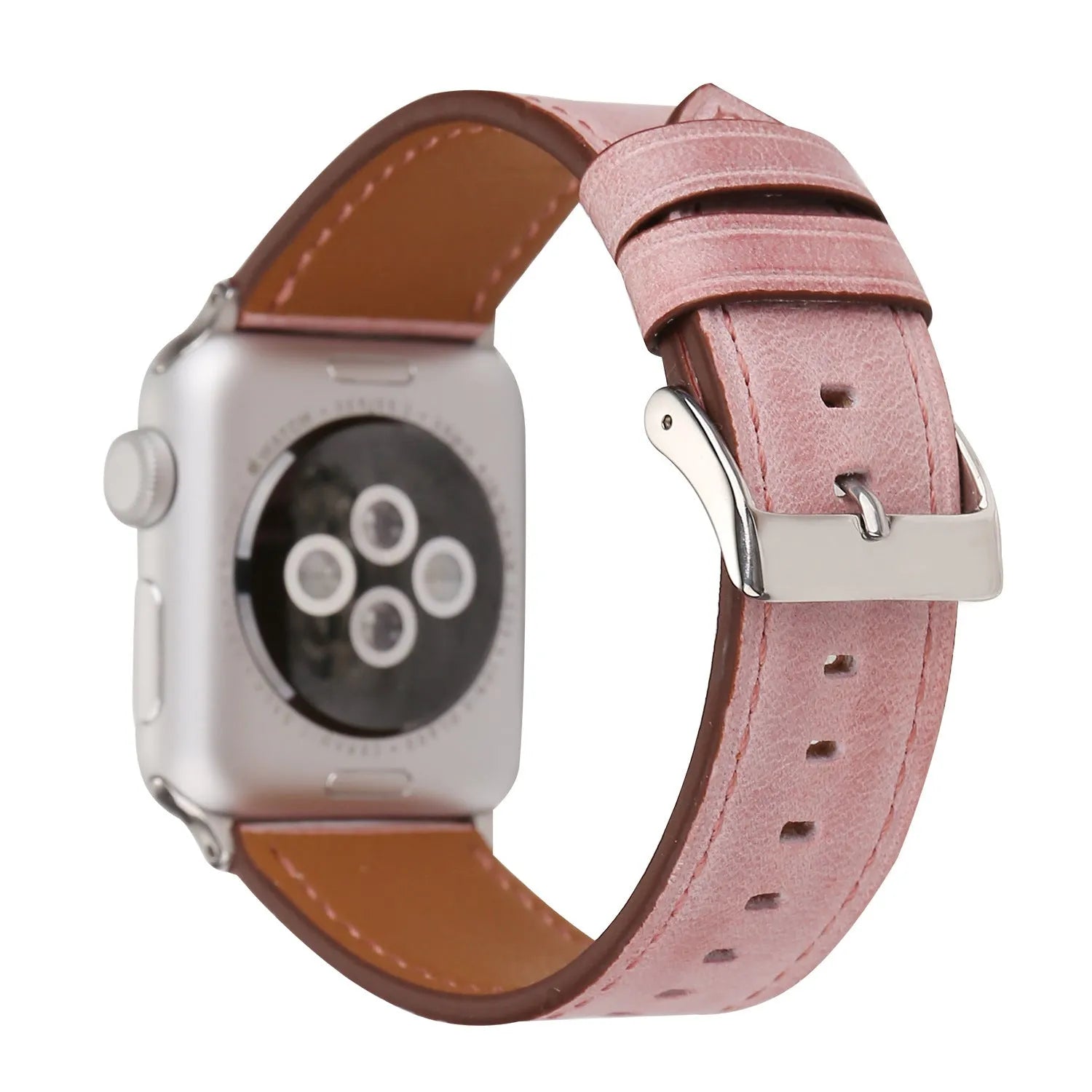 Leather watch strap with a folding buckle in blue, shown next to brown, green, orange, pink, and yellow colour options.
