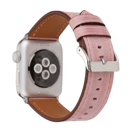 Leather watch strap with a folding buckle in blue, shown next to brown, green, orange, pink, and yellow colour options.