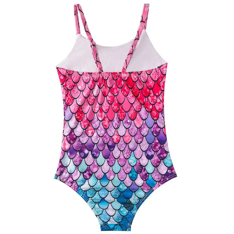 Children's mermaid one-piece swimsuit for girls in polyester with high elasticity, shown in various colours