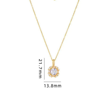 Women's gold titanium steel clavicle chain with quadrilateral zircon-inlaid geometric pendant on water wave chain