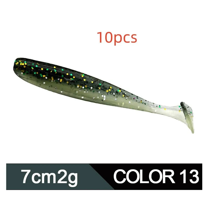 Soft plastic worm lure with a two-tone T tail, shown in one of its 14 colour options.