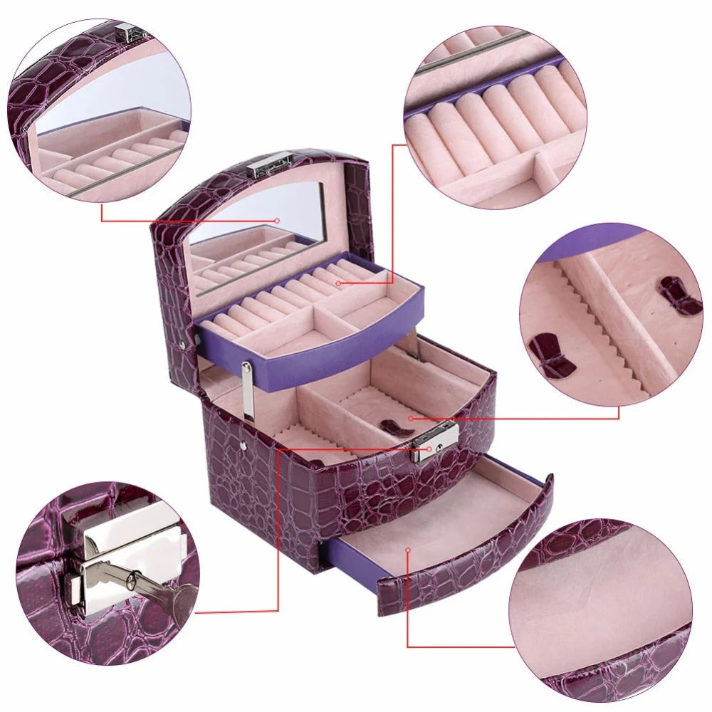 3-layer leather jewellery and makeup storage box with mirror, available in five colours