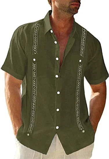 Men's short sleeve casual guayabera shirt in vibrant colors, featuring intricate pintuck pleating for a classic Cuban-inspired look