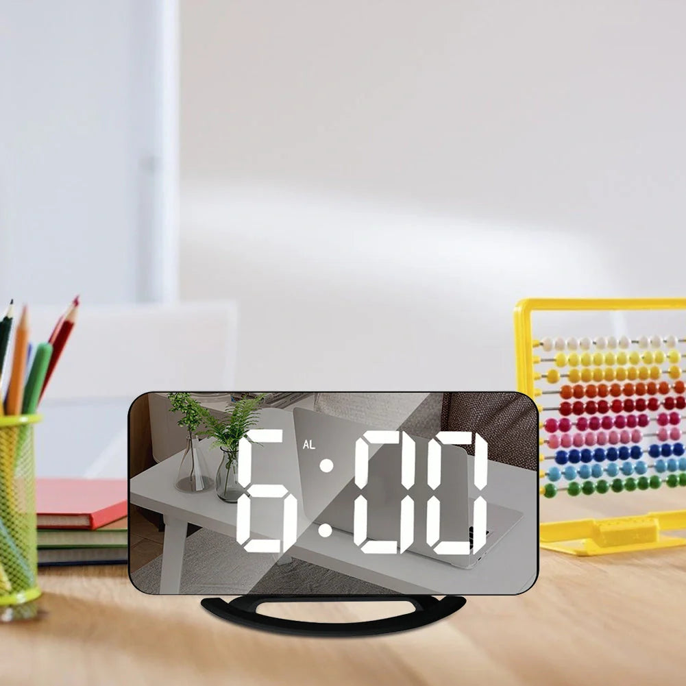 Digital Mirror Clock with adjustable LED display and dual USB ports