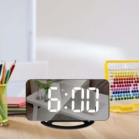 Digital Mirror Clock with adjustable LED display and dual USB ports