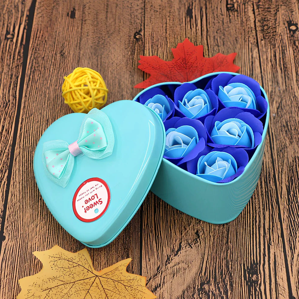Handmade soap flowers in red heart-shaped tin box measuring 12x12x5cm