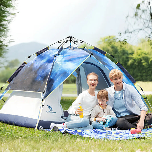 Blue automatic folding picnic tent unfolded at 220x190x120cm for 3-4 people with waterproof Oxford fabric and glass fibre poles