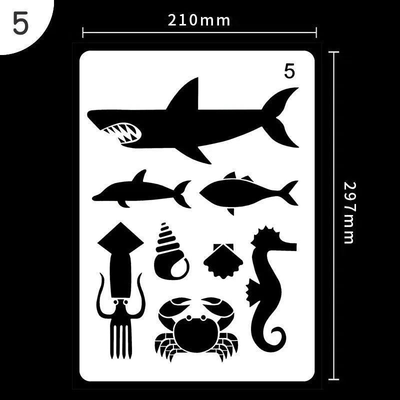 White plastic drawing stencil set with geometric cut-out patterns including hearts and stars