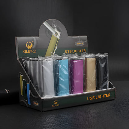 Set of 20 rechargeable metal cigarette lighters in various colours showing windproof design