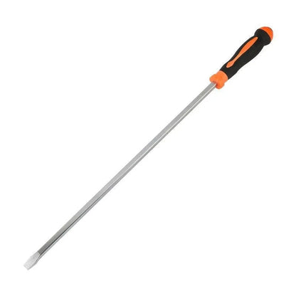 Lengthened screwdriver with carbon steel cutter head and plastic handle, available in 17 to 33 inch lengths