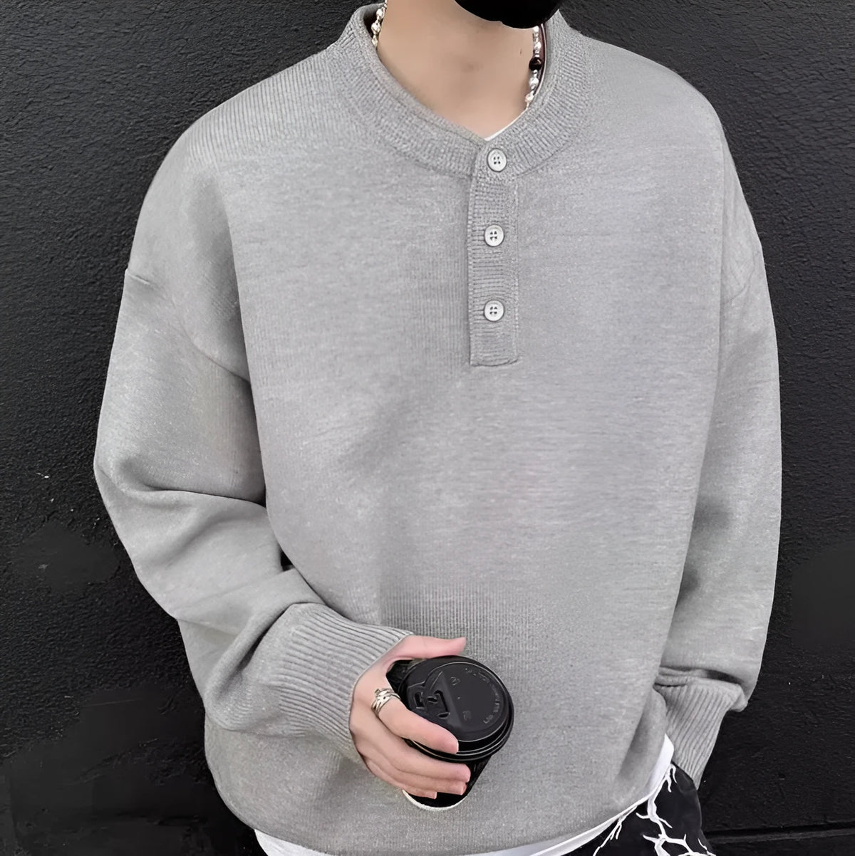Men's loose fit long sleeve polyester knit sweater pullover in light gray, dark gray, or black, sizes M to XXXL