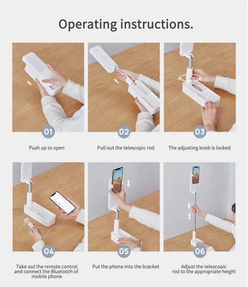 Adjustable multi-angle phone holder with integrated lighting and Bluetooth remote control for mobile photography and video recording