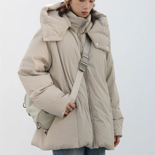 Stylish duck down jacket with detachable hood in black and khaki