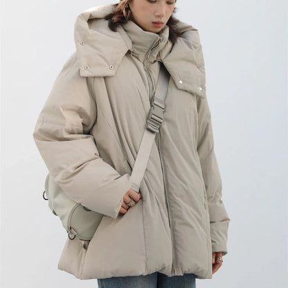 Stylish duck down jacket with detachable hood in black and khaki