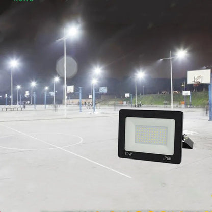Black LED flood light with aluminium shell and glass cover, IP65 waterproof, 120° beam angle, 10W to 300W, cool white.