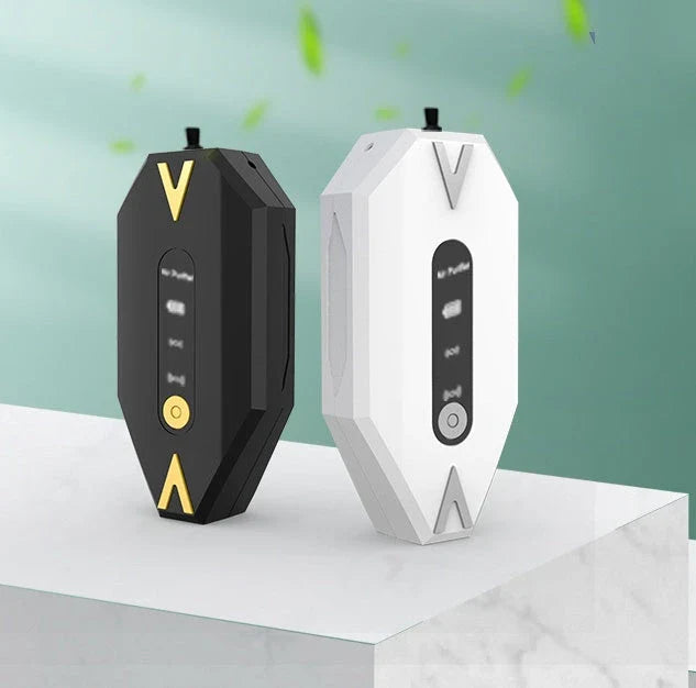 Compact rechargeable air purifier necklace with adjustable negative ion settings and long-lasting battery