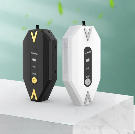Compact rechargeable air purifier necklace with adjustable negative ion settings and long-lasting battery
