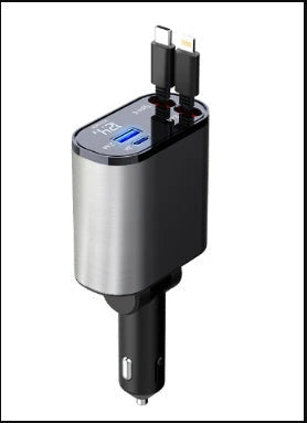 High-Speed 100W Car Charger with USB and Type-C Ports - Premium Metal Design, Fast Charging, Retractable Cable