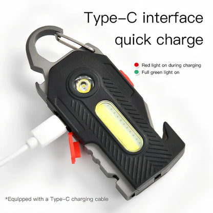 Multifunctional emergency light with mountaineering buckle showing bottle opener and seat belt cutter tools