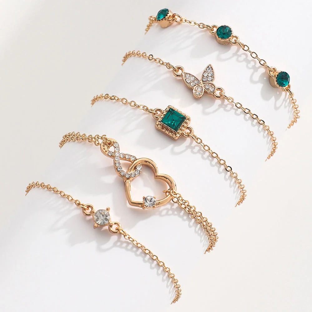 Bohemian 5-piece green crystal bracelets set for women featuring a unique heart design