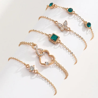 Bohemian 5-piece green crystal bracelets set for women featuring a unique heart design
