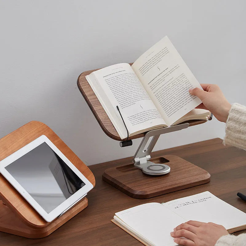 Walnut coloured solid wood adjustable reading rack with rotating base holding a book