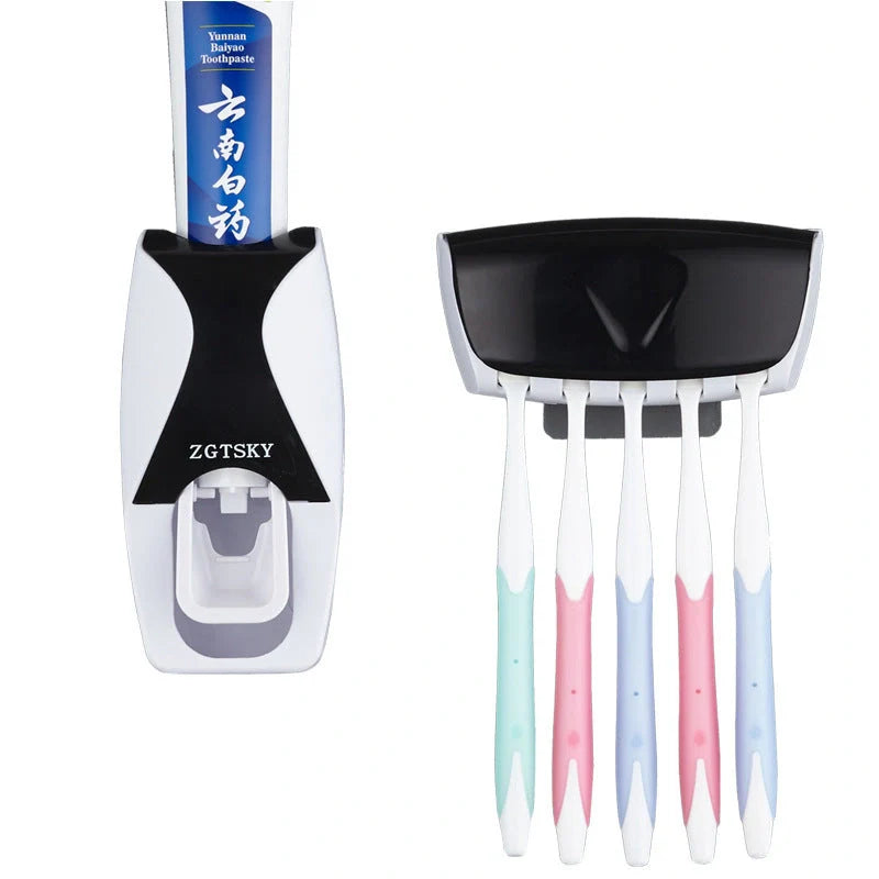 Dust proof automatic toothpaste squeezer and toothbrush holder set in black, blue, or red