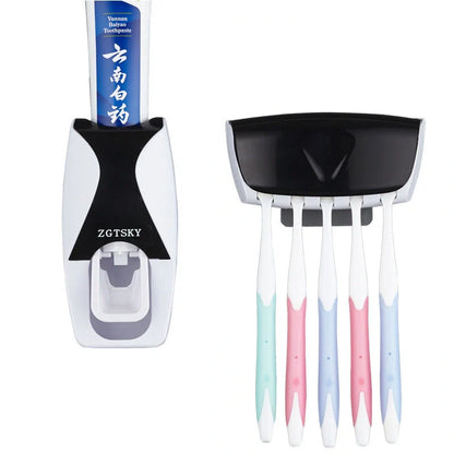 Dust proof automatic toothpaste squeezer and toothbrush holder set in black, blue, or red