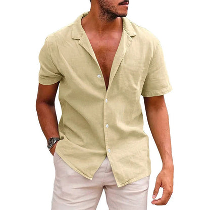 Men's linen-cotton blend short sleeve button down shirt in various colours