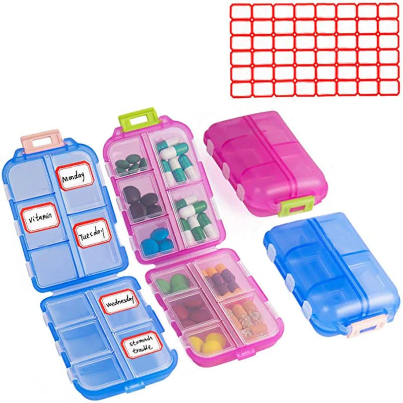 10-Grid Moisture-Proof Travel Pill Organizer in various colors