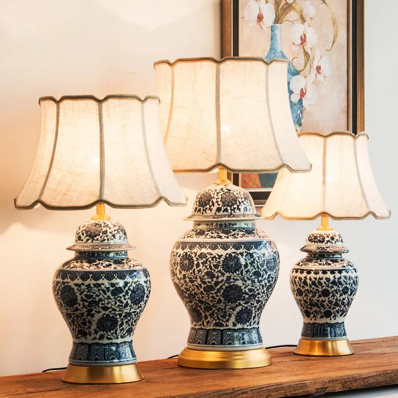 Table lamp Chinese style blue and white porcelain bedside lamp for bedroom handmade ceramic with all copper construction and cloth cover measuring D360mm H560mm for 5-10 square metre spaces