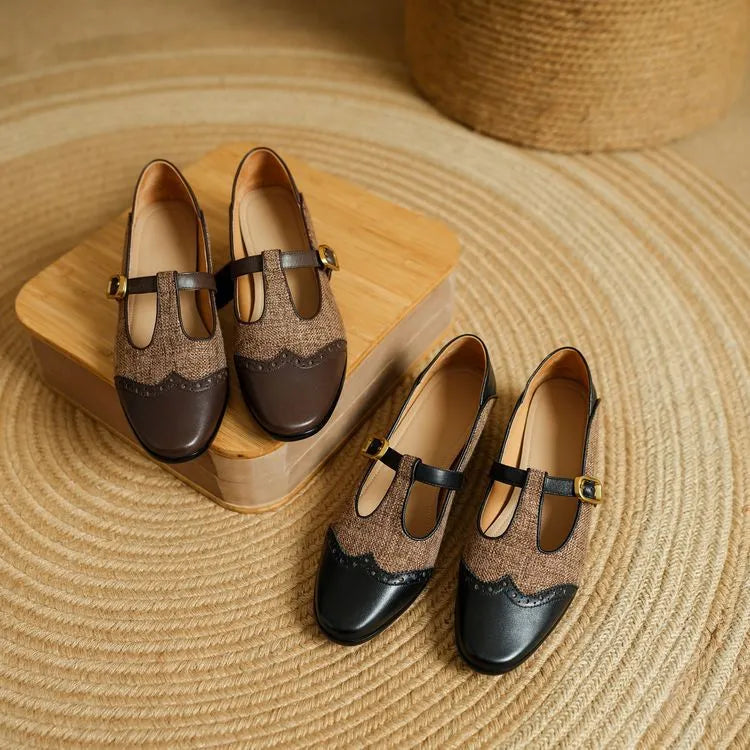 Women's low-cut Mary Jane pumps with chunky 1-3cm heel, T-strap, round toe, cowhide upper, in Black or Tea Brown