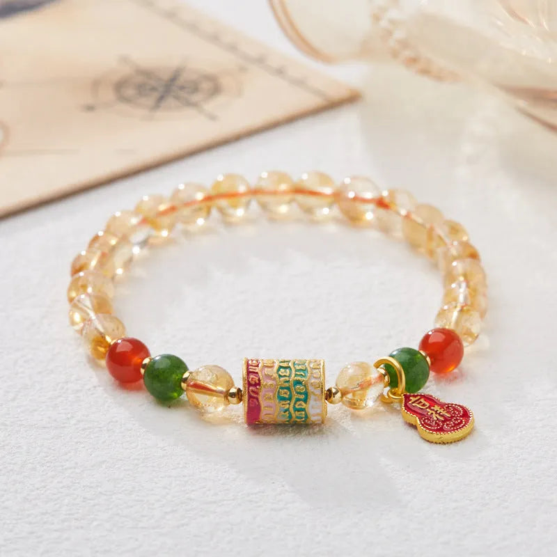 Citrine five sutra crystal bracelet with hand-woven geometric pattern and 6mm beads