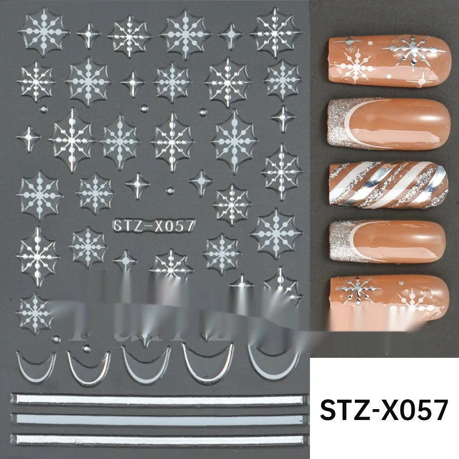 Assortment of black and silver nail sticker designs including cartoon and French tip patterns on a plastic sheet.