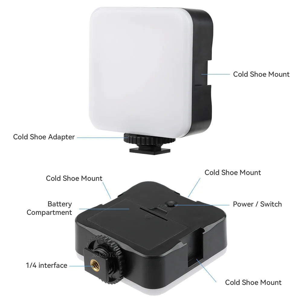 Square LED camera flash with universal hot shoe mount and rotatable head, shown with optional octopus stand tripod.