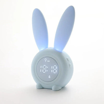 Adorable bunny-eared digital alarm clock with LED display, sound control, and magnetic design