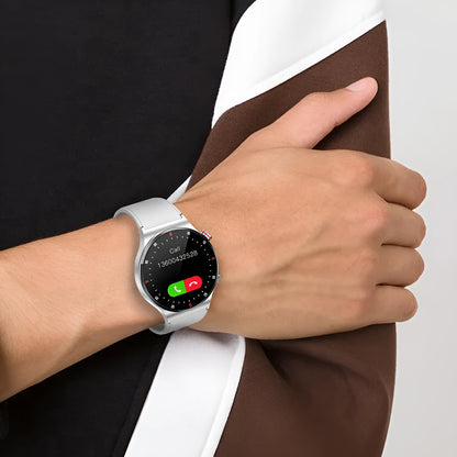 Black smart Bluetooth sports watch with silicone strap and 1.28 inch touch screen on a wrist