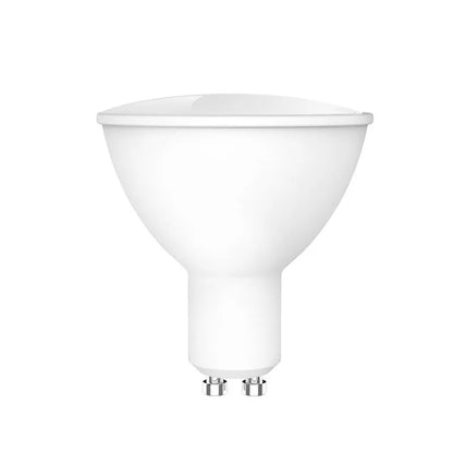 A white GU10 smart LED spotlight bulb with RGBCCT colour and Wi-Fi connectivity.