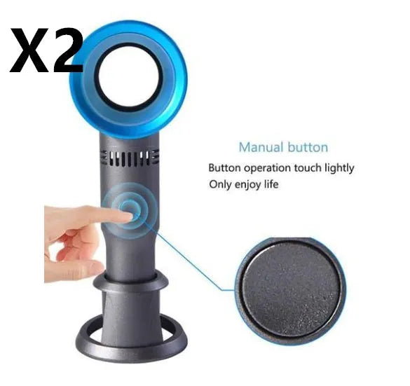 Portable bladeless fan with USB cable and base, showing compact design and bladeless airflow