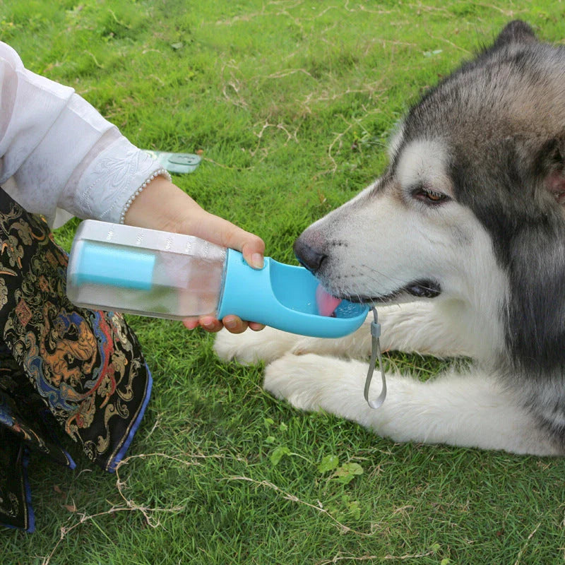 Multifunctional pet water bottle with built-in poop bag dispenser, available in turquoise, pink, and white colors