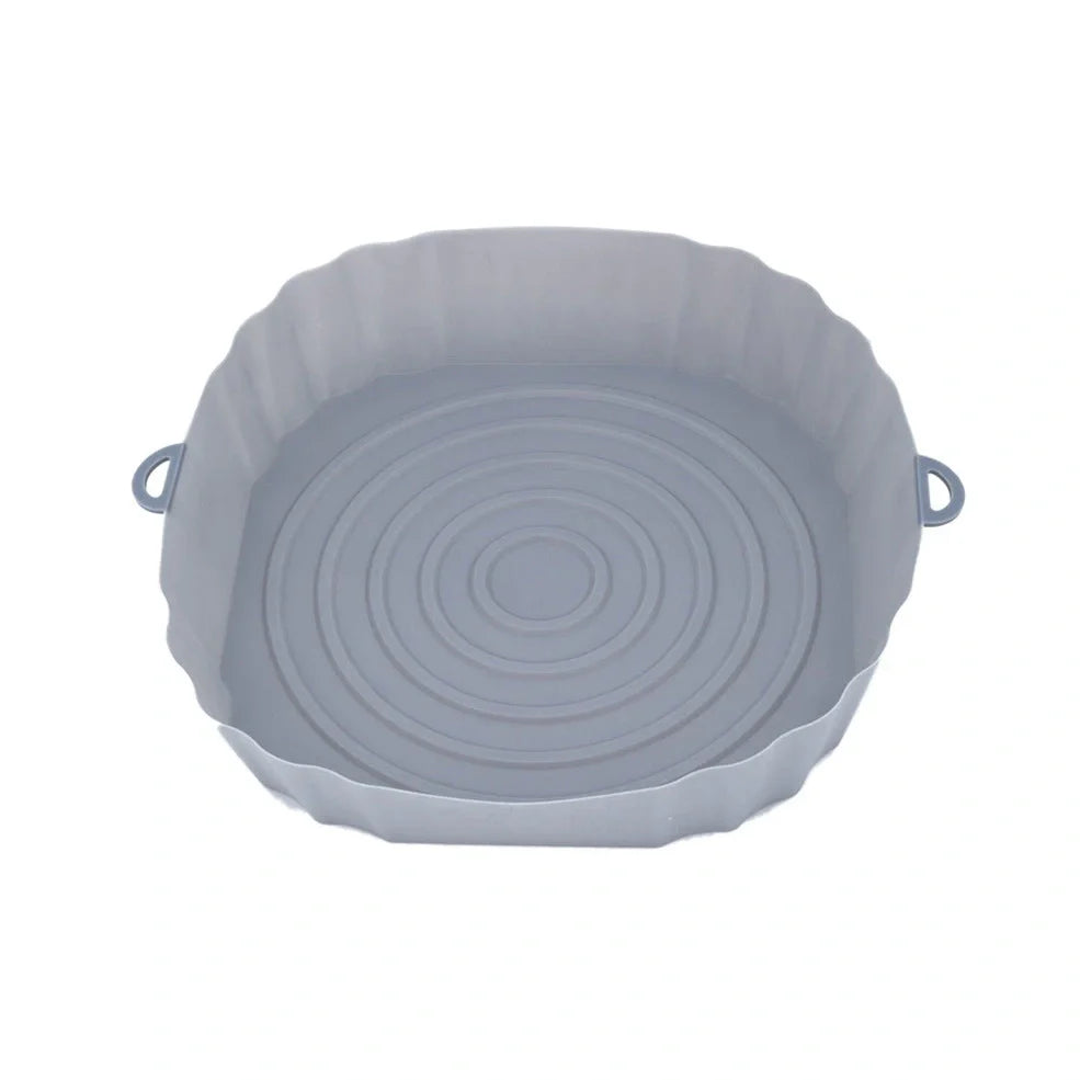 Silicone air fryer baking tray with 4.5cm depth in light grey, pink, brown or green