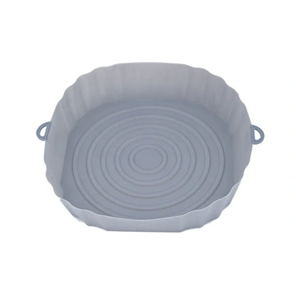 Silicone air fryer baking tray with 4.5cm depth in light grey, pink, brown or green