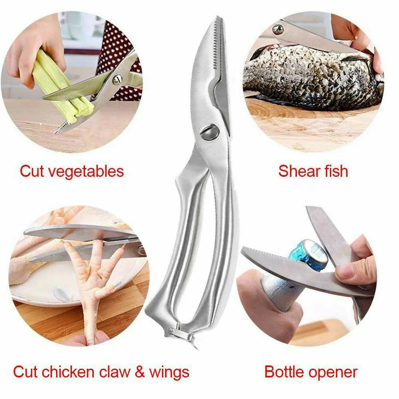 Kitchen shears for cutting poultry and fish bones made from stainless steel with built-in spring and serrated edge measuring 25cm long including concave cutting position for cartilage and ergonomic handle for secure grip in silver colour