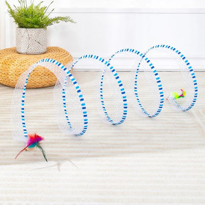 Blue cat tunnel with long pole feather teasing stick toy for cats on a floor.